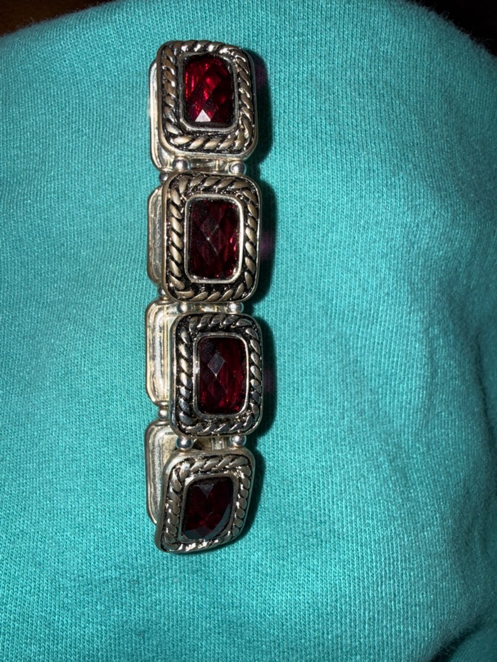Silver-Tone Bracelet with Deep Red Faceted Stones